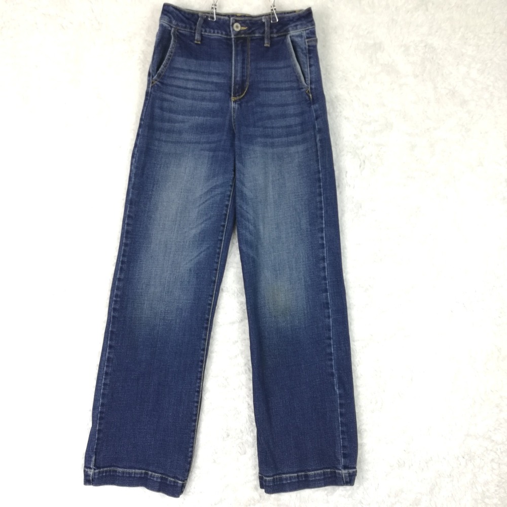 Kancan Womens Jeans Wide Leg High Rise Blue Denim Dark Wash Stretch Whiskering 7